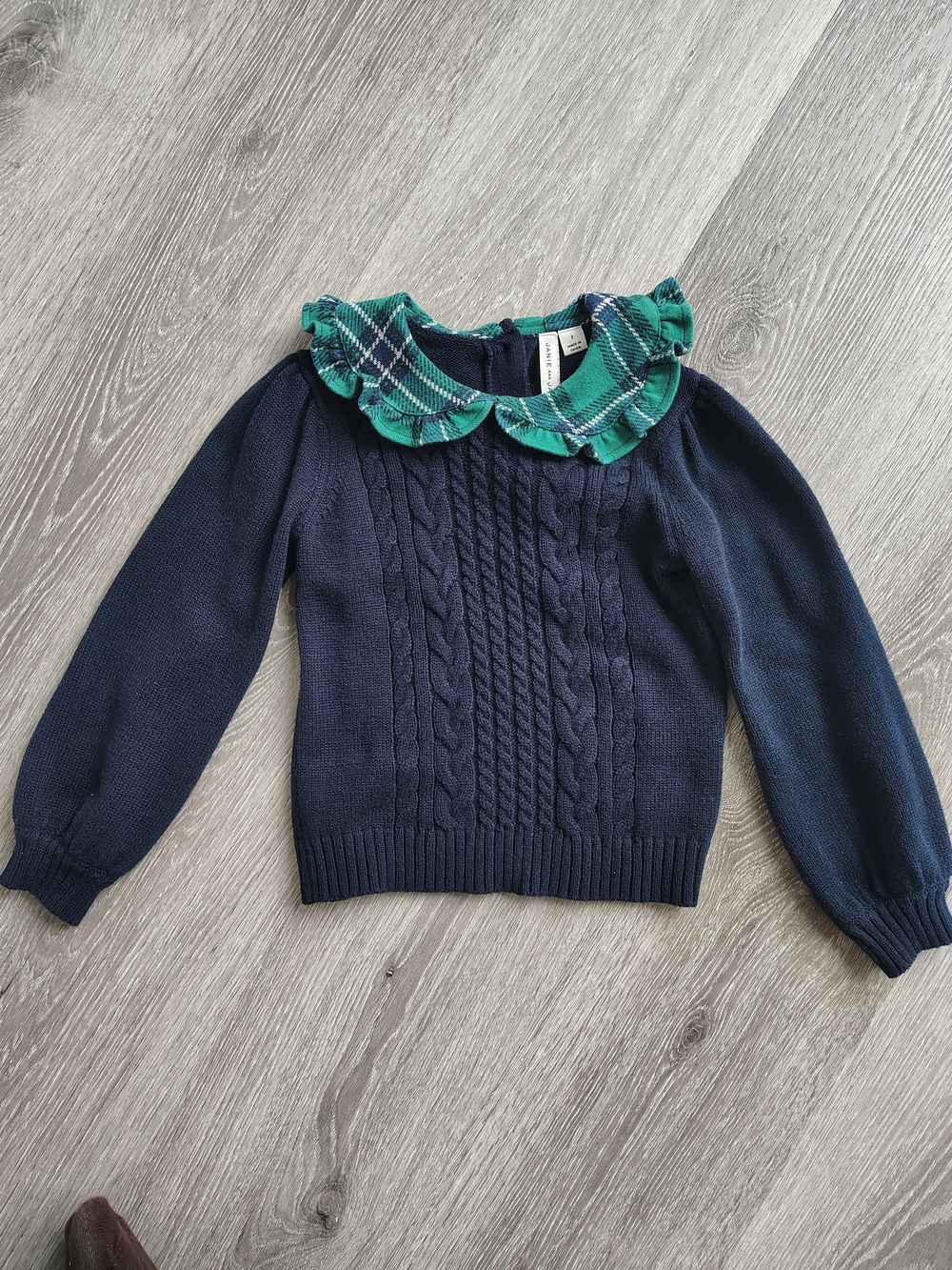 Navy Cable Knit Sweater with Green Plaid Ruffle Collar Size 3T
